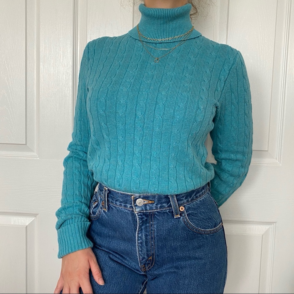 y2k teal blue cable knit turtle neck sweater